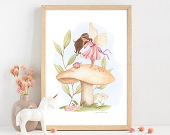 May include: A watercolor illustration of a fairy with brown hair and a pink dress standing on a mushroom with a ladybug on the side. The fairy has wings and a flower crown. The background is a light blue with green leaves and flowers.