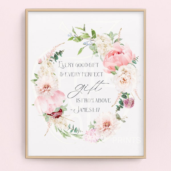James 1:17 - Bible Verse Floral Wreath - Every Good Gift and Every Perfect Gift - Pink Floral Nursery - Newborn Gift