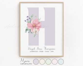 Pastel Pink Floral Birth Print - Birth Announcement Sign - Watercolour Floral Nursery Art - Baby Girl Birth Stats - Girl Nursery Decor