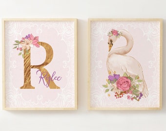 Swan Nursery Decor - Letter and Name Sign - Baby Girl Nursery Decor - Blush Pink and Purple Floral - Gold Foil Highlights and Lace