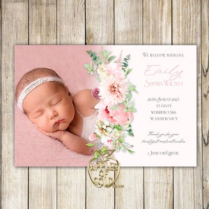 Birth Announcement Card - Baby Shower Thank You - Pink Floral with Baby Photo - Birth Stats - Welcome Baby Newborn Gift Thank You