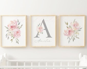 Pink Floral Personalised Nursery Wall Art - Girl Nursery Decor - Baby Room Print - Custom Name and Bouquets - Blush Watercolor Rose Flowers