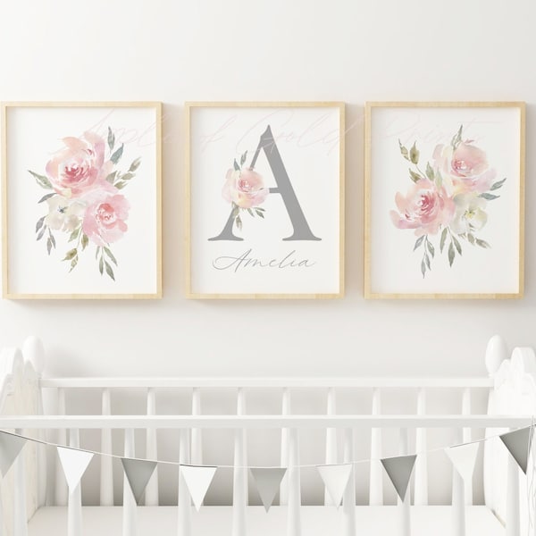 Pink Floral Personalised Nursery Wall Art - Girl Nursery Decor - Baby Room Print - Custom Name and Bouquets - Blush Watercolor Rose Flowers