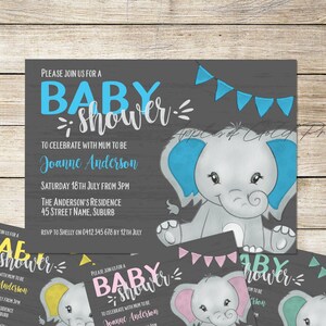 Elefant Babyparty Einladung - Safari Thema Design - Junge oder Mädchen - personalisierte Party einladen - Benutzerdefinierte Farbe - digitale Datei - Made to Order