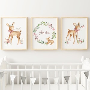 Baby Reh Kinderzimmer Kunstdrucke - Waldtier Kinderzimmer - Mädchen Kinderzimmer Dekor - Mädchenzimmer Namen Schild