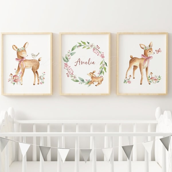 Baby Deer Nursery Art Prints - Woodland Animal Nursery - Girl Nursery Decor - Girls Room Name Sign