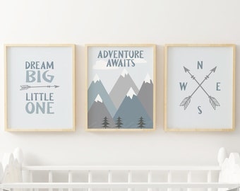 Adventure Nursery Wall Art - Baby Boy Room Decor - Woodland Mountain - Adventure Awaits - Dream Big Little One - Blue Grey Prints