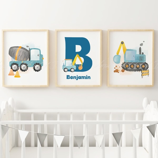 Construction Vehicles Wall Art - Personalised Letter and Name Sign - Transport Trucks and Diggers - Toddler Boy Bedroom Decor - Playroom Art