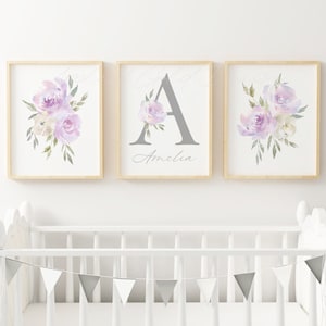 Purple Floral Personalised Nursery Wall Art - Girl Nursery Decor - Baby Room Print - Letter Name & Bouquets - Lilac Watercolour Rose Flowers