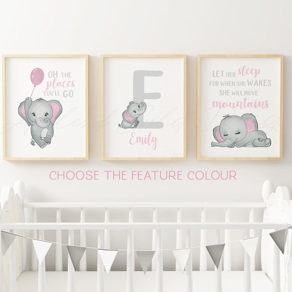 Elefant Kinderzimmer Drucke - Baby Mädchen Zimmer Dekor - Elefant Wand Kunst Trio - Oh die Orte, an die Du gehen wirst - Lass sie schlafen - Buchstaben und Namen Zeichen