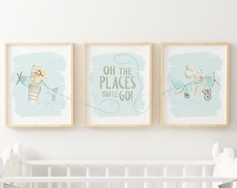 Airplane Nursery Wall Art Set - Baby Boy Nursery Decor - Oh the Places You'll Go - Animals in Aeroplanes - Travel & Transport - Adventure