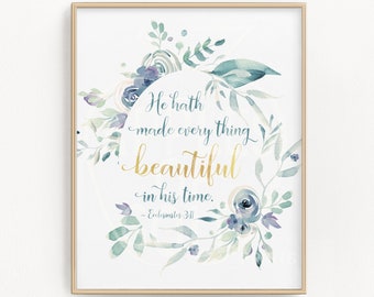 Ecclesiastes 3:11 Floral Wreath and Verse - He Hath Made Every Thing Beautiful - Floral Nursery Art Print - Purple and Teal Rose