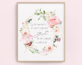 James 1:17 - Bible Verse Floral Wreath - Every Good Gift and Every Perfect Gift - Pink Floral Nursery - Newborn Gift