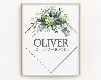 Botanical Name Print - Green Leaves Nursery Wall Art - Green Nursery Decor - Personalised Baby Room Sign - Watercolor Leaves