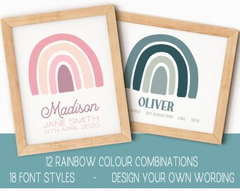 Rainbow Nursery Art - Personalised Rainbow Print - Nursery Decor - Kids Bedroom Name Sign - Birth Stats Boy Girl Room - Baby Shower Gift