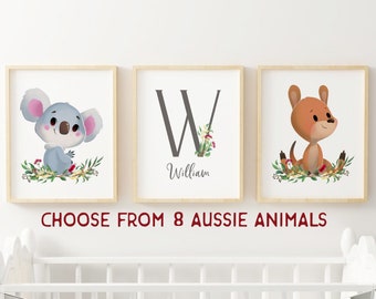 Australian Animals Nursery Art - Native Animals Prints - Nursery Decor - Baby Name Sign - Wattle Flowers & Eucalyptus - Koala and Kangaroo