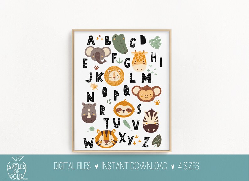 safari alphabet letters print abc chart jungle animal etsy