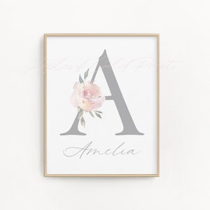 Pink Floral Personalised Nursery Wall Art Girl Nursery Decor Baby Room Print Custom Name and Bouquets Blush Watercolor Rose Flowers image 6