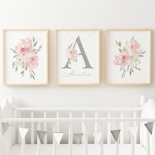 Pink Navy Watercolor Floral Nursery Art Pink Flowers Nursery Etsy