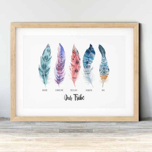 Onze stam gepersonaliseerde verenprint - Moederdag cadeau idee - aquarel veren - familienamen - beste vrienden of werkgroep