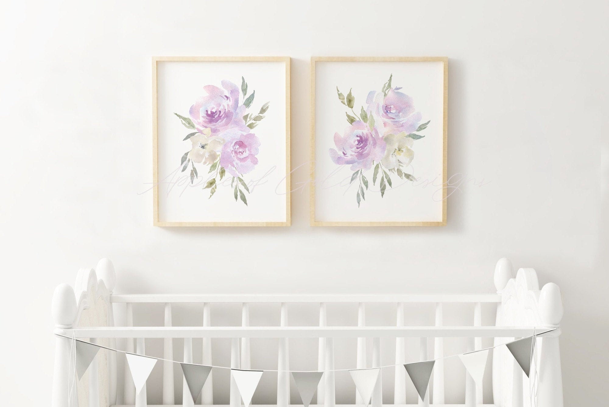 Purple Watercolour Flowers Printable - Lavender Floral Baby Room Wall Decor - Baby Girl Nursery Art - Mauve and Grey Bedroom