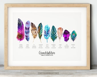 Kleinkinderen gepersonaliseerde verenprint - gepersonaliseerd cadeau-idee voor moederdag - Boho aquarel veren - familienamen en geboortedata