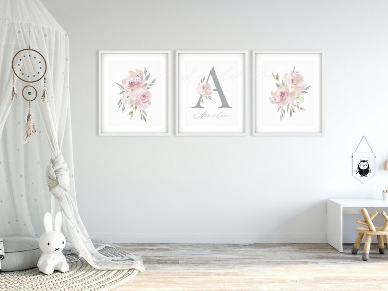 Pink Floral Personalised Nursery Wall Art Girl Nursery Decor Baby Room Print Custom Name and Bouquets Blush Watercolor Rose Flowers image 5