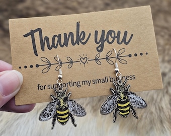 Bee, Bumble bee, Handmade Wood Earrings, Dangle Drop Earrings, lightweight