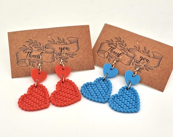 Crochet Heart Earrings, Handmade, 3d printed Drop, Dangle Earrings