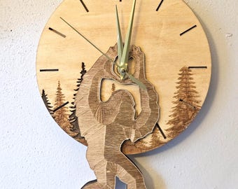 Unique one of a kind laser engraved big foot, layered wooden wall clock