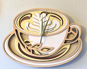 Coffee, Teacup, layered wooden wall clock, hand painted