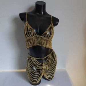 Body Chain Bra/Festival Chain Skirt/Chain Skirt/Party Skirt/Golden Body Chain/Sexy Dancer Costume