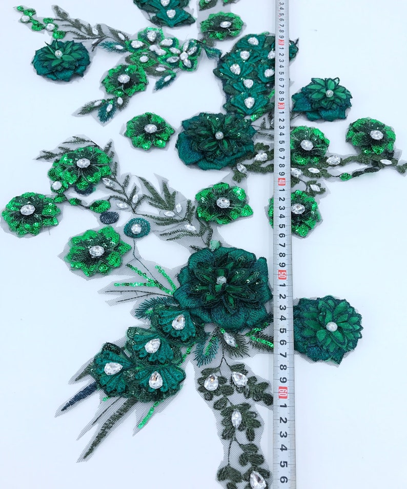 Green beaded embroidery 3D lace flower rhinestone large applique high-grade wedding dress applique