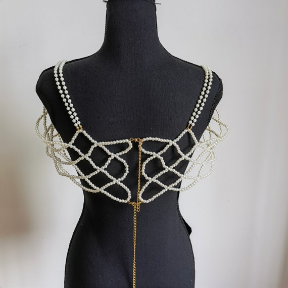 Festival Pearl Body Chain Bra Top Shoulder Necklace Collar Rave