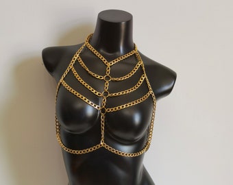 Punk style thick chain necklace women gold body chain, gold bra, body jewelry, chain bra, jewelry bra