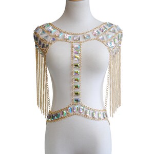 Gemstone shoulder chain jewelry, body jewelry, crystal sequined waist chain, festive clothing, fringe shoulder necklace,