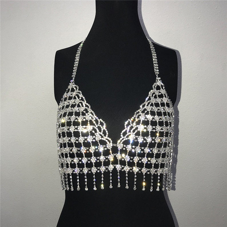 Mesh diamond bra chain sexy sling bikini show top flash Etsy