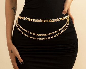Golden butterfly layered belly chain, thick chain belt, trouser chain, vintage waist chain,