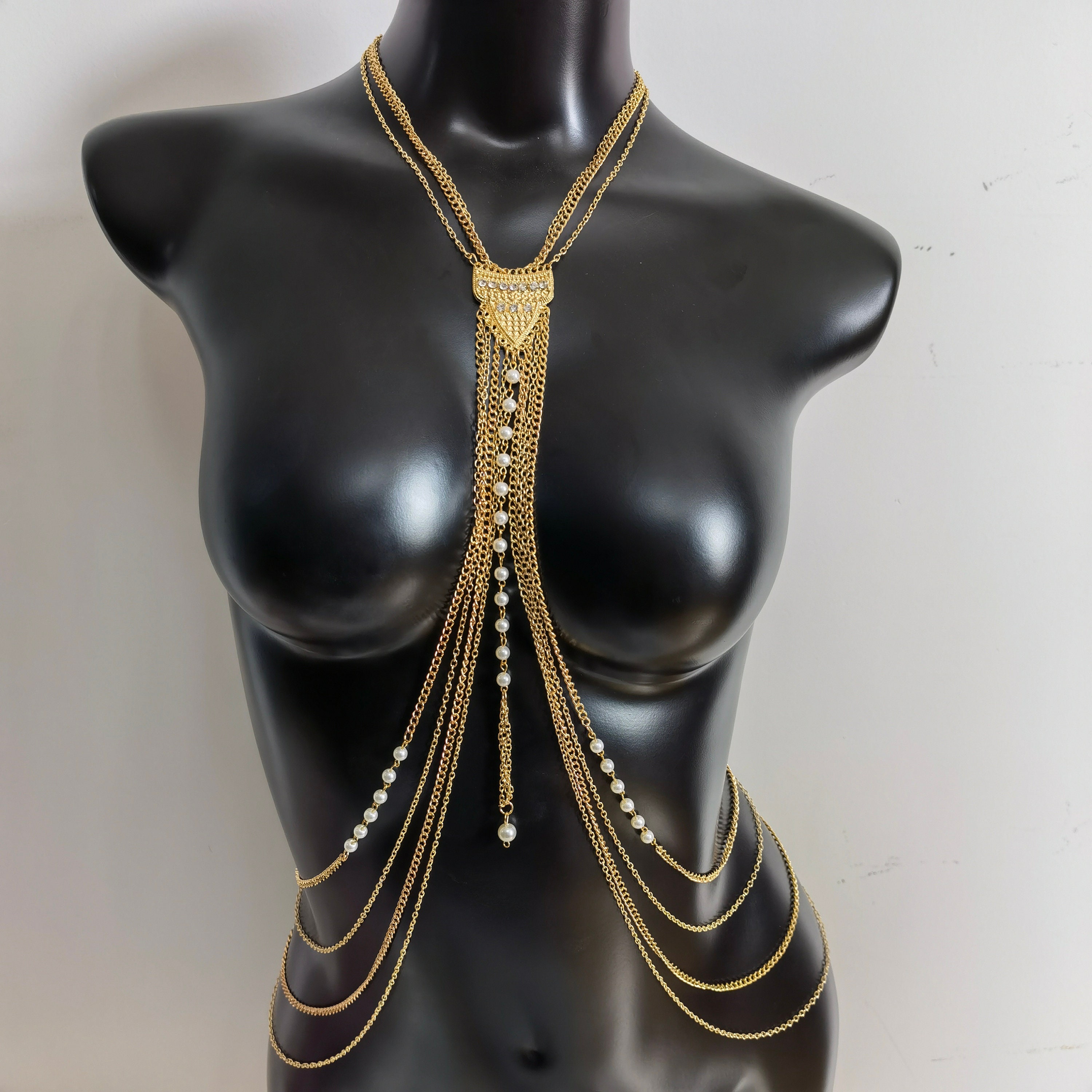 Bomine Rhinestone Body Chain Bra Crystal Body Jewelry Necklace Bikini Sexy  Chains for Women and Girls (Gold)