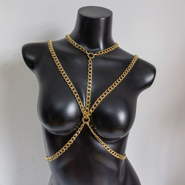 Gold thick body chain, gold shoulder necklace, body chain jewelry, holiday jewelry, body necklace, gold body necklace