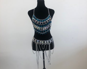 1 set of body chain, body chain jewelry, Chainmail Bralette, skinny necklace, festive bra, sexy skirt lingerie set, holiday jewelry