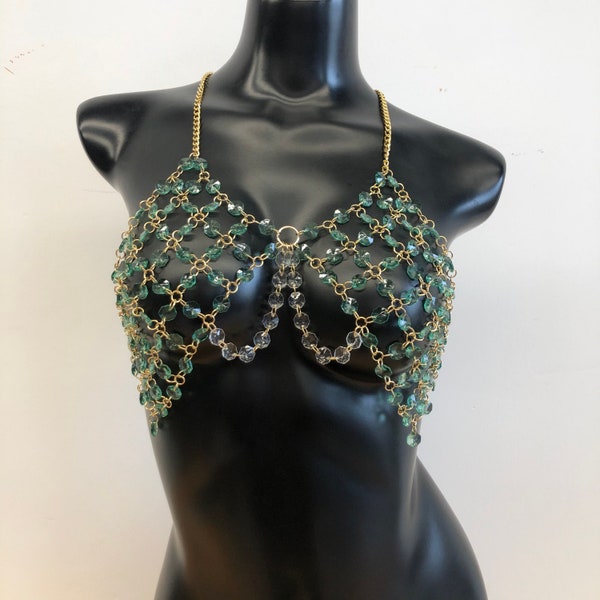 Green crystal beaded body chain/body chain bra