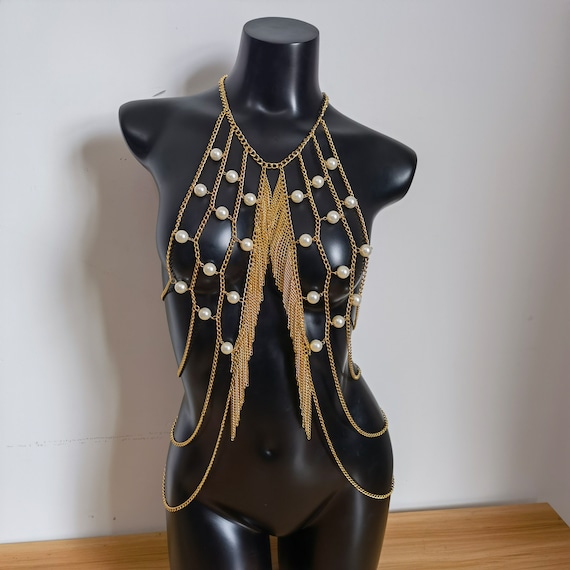 Open-back Bra Top, Sexy Body Accessories, Gypsy Boho Lingerie, Stylish  Handmade Pearl Long Fringe Chest Chain Body Chain Necklace 