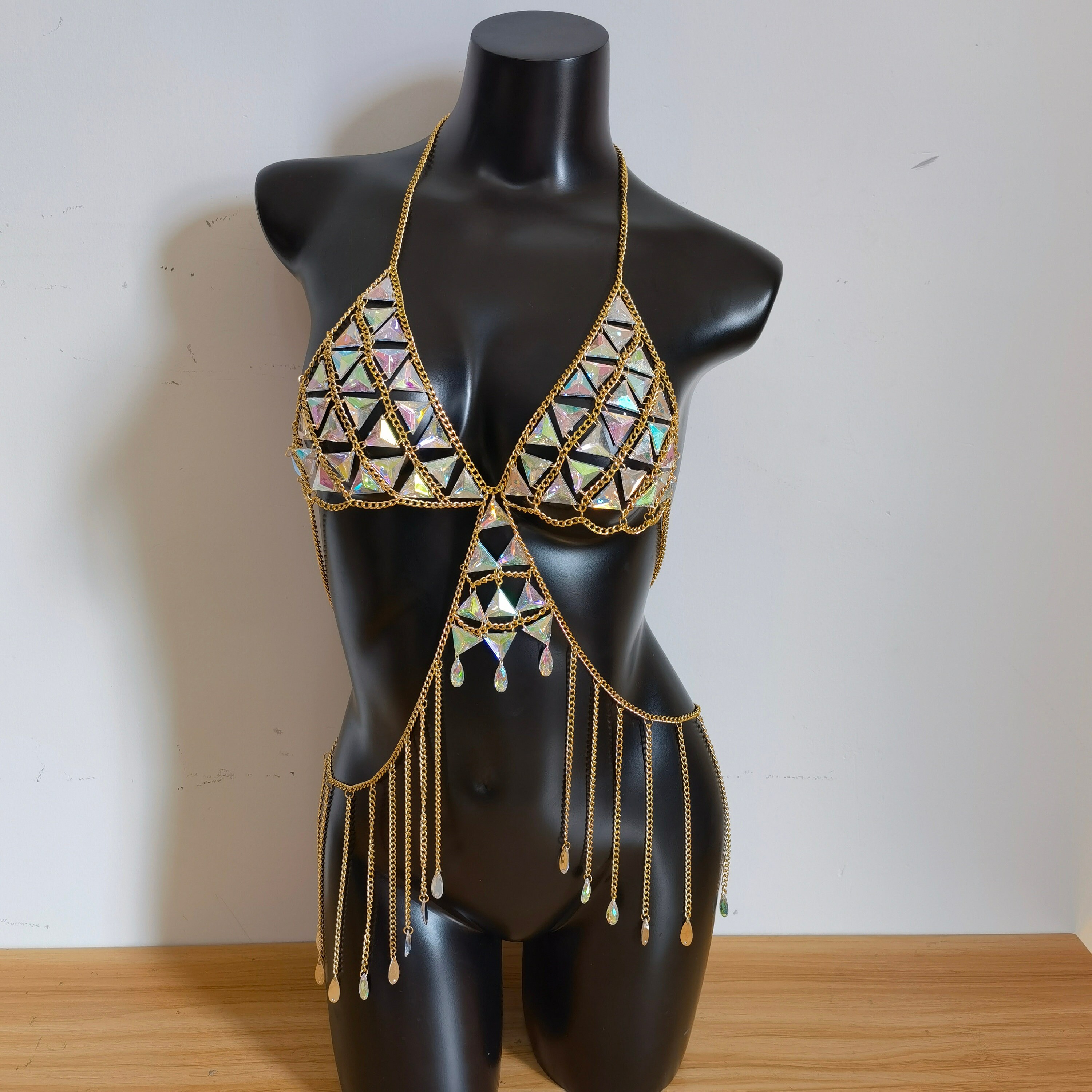 Temptress Gold & Rhinestone Body Chains / Body Jewelry for Lingerie Rave Burlesque Festivals