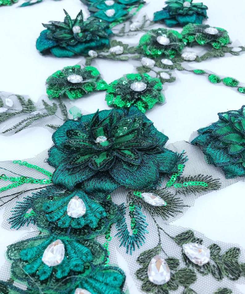 Green beaded embroidery 3D lace flower rhinestone large applique high-grade wedding dress applique