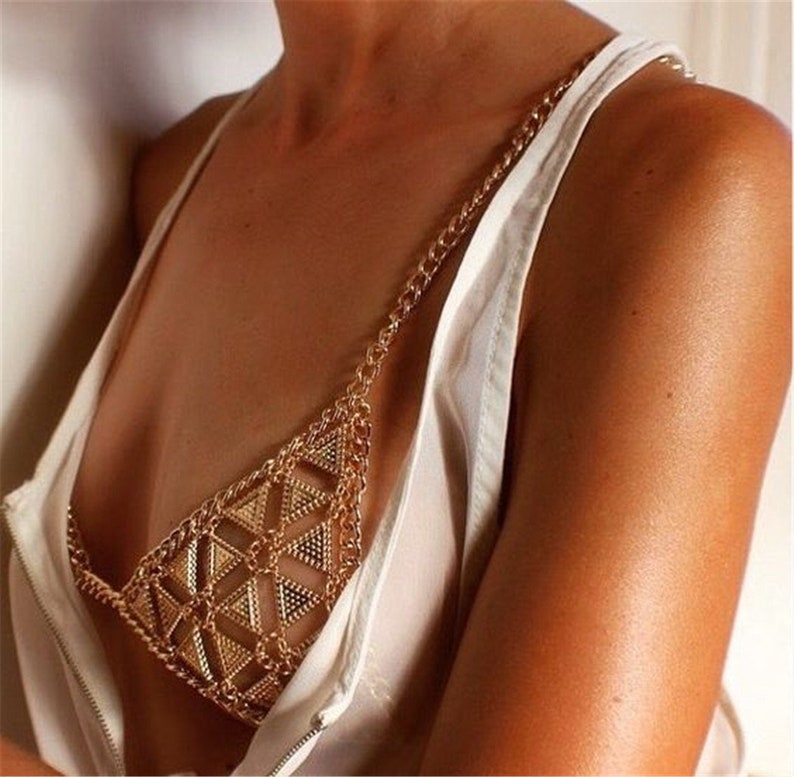 Vintage geometric triangle hand-decorated necklace bra, gorgeous body chain dancer, holiday costume, role-playing costume, belly dance bra 