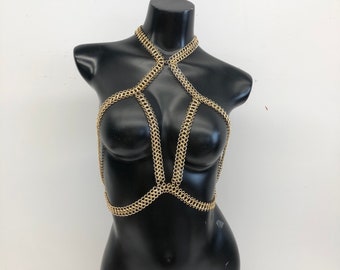 Gold bra top, holiday chain bra, holiday bra chain, M ü sic Fest, party chain body chain, Christmas gift,