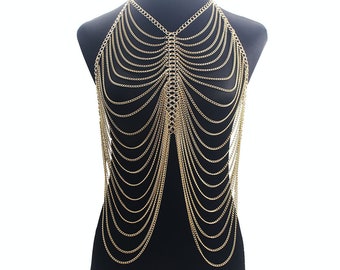 Vintage tassel body chain gold body jewelry, chain vest, Burningman, holiday jewelry