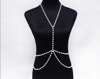 pearl body chain, pearl body jewelry, layered waist chain, fashion body jewelry