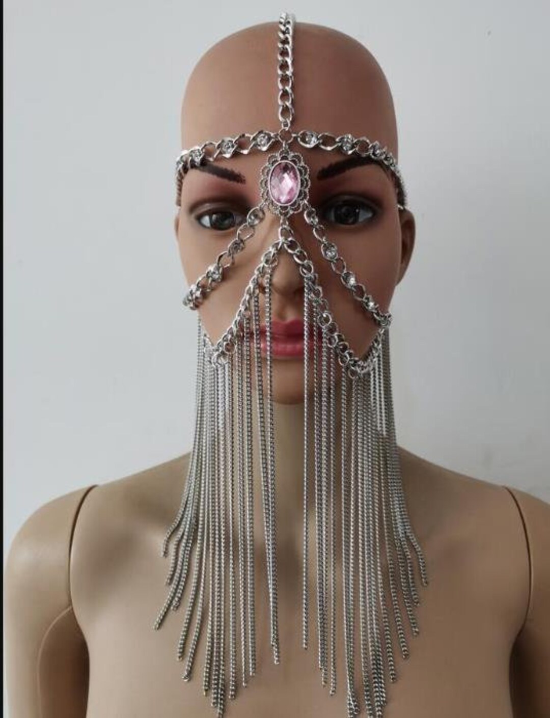 Crystal Face Chain Mask, Silver Chain Mask, Burning Man Mask Headchain